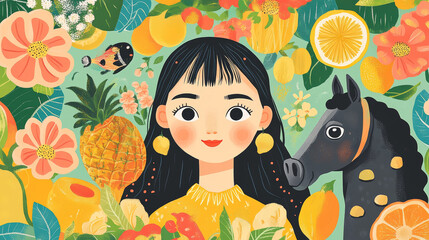 Jeju island kawaii stickers set isolated on background. Contemporary vector cartoon illustration set of asian girl, octopus, smiling face, black pig, stone statue, horse, citrus fruit, flower icons