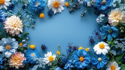 Fototapeta premium Blue Floral Frame with Mixed Flowers on Blue Background