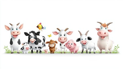 Fototapeta premium Vector clipart of a barnyard with farm animals such as cows, pigs, and goats, isolated on a white background.