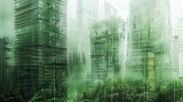 Futuristic green cityscape with tree and network