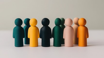 Colorful Wooden Figures Representing Diversity in a Group Setting, Symbolizing Community, Collaboration, and Inclusion in Social Interactions and Teamwork Activities