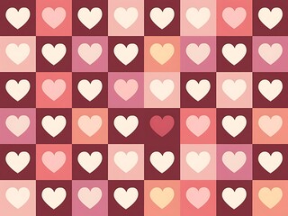 Seamless vector checkered pattern or grid texture with white hearts for web design, desktop wallpaper or culinary blog website. Sweet pink valentines background full of love.