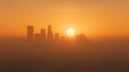 Fototapeta premium Breathtaking Sunset Over Los Angeles Skyline with Silhouetted Buildings Bathed in Warm Golden Light, Creating a Serene and Peaceful Atmosphere