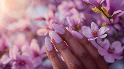 Fototapeta premium Hand with lavender nail polish among pink blossoms