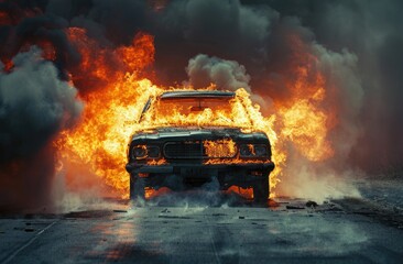 Car engulfed in flames on road