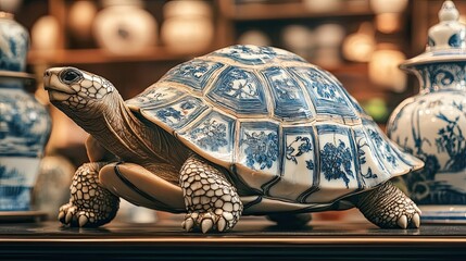 Ornate Porcelain Tortoise Decorative Figurine Displayed