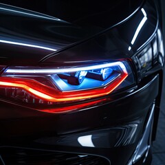 Close-up of the headlights of a stylish fashionable expensive foreign car.