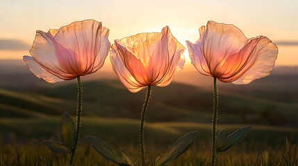 Three translucent poppies backlit by sunset over rolling hills.