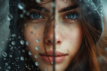 CloseUp Portrait of a Freckled Woman with Blue Eyes and Raindrops on Glass
