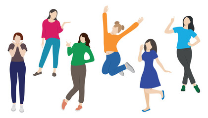 Young cheerful girls posing, faceless illustration, flat style, isolate on white