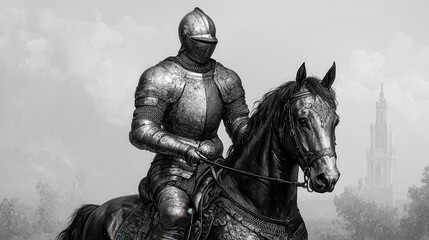Fototapeta premium Knight in Armor Riding Majestic Horse Against Gray Background