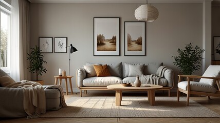 Fototapeta premium Cozy living room interior, Scandinavian style. Wooden furniture and elegant.