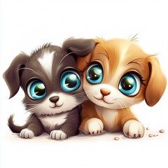Fototapeta premium puppy dog and cat sitting together, cute and funny puppies and white background, art, color
