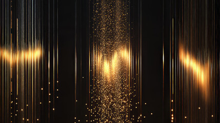 Gold line light with glitter glow abstract effect. Golden vertical flare with neon beam sparkle and particle burst vector bg. Laser string on black background. Shiny fiber data or sound banner design