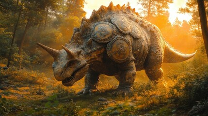 Fototapeta premium A large, dinosaur-like creature roams through a sunlit forest, showcasing its rugged features.