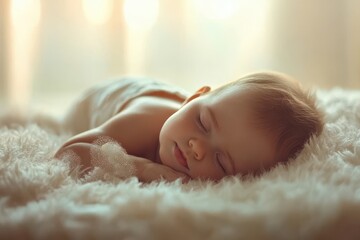Peaceful Sleeping Baby on Soft White Blanket in Natural Light with Warm Colors Creating a Serene and Adorable Atmosphere for Family Moments and Childhood Memories