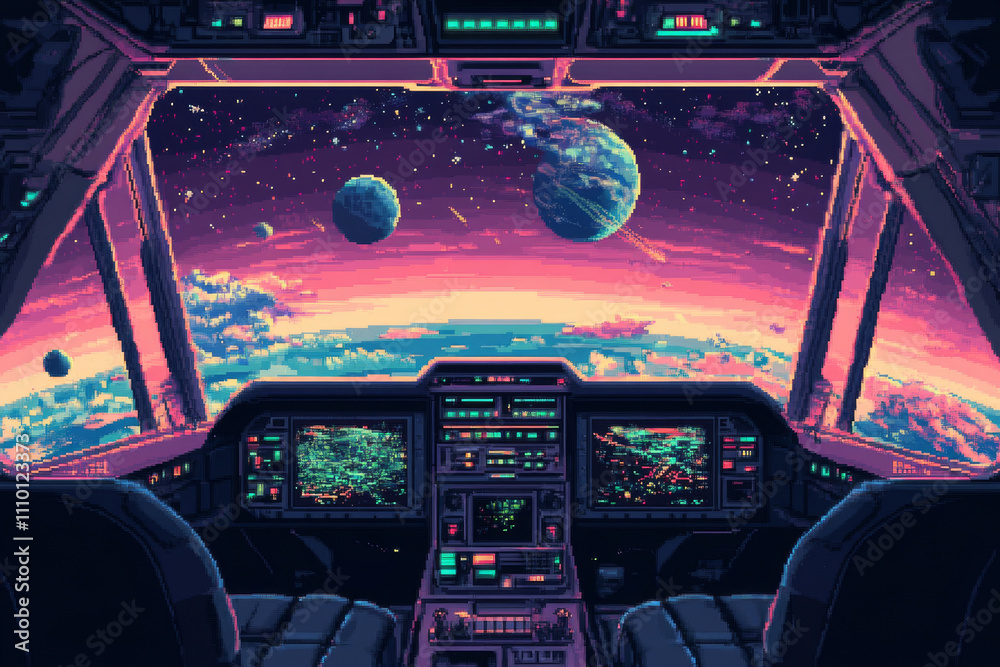 Poster futuristic spaceship cockpit with alien planet and stars showing through large window. space travel 