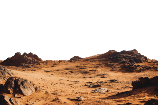 Martian landscape isolated on transparent background. Barren rocky desert surface of red planet