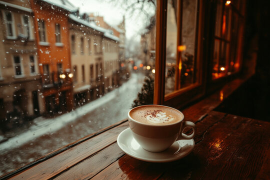 Cup of coffee on wooden table near window in cozy cafe with view on snowy city street at winter day. Beautiful place for breakfast in old town
