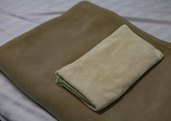 A light cream-colored towel lay on the bedsheet.