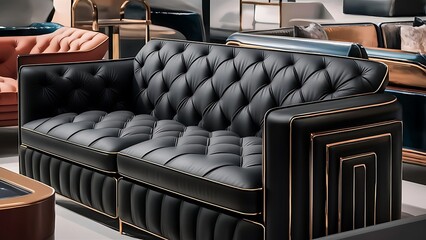 Obraz premium Upholstery material Vinyl or Tufted black leather Sofa upholstery background furniture decoration 3d illustration