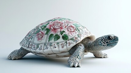 Ornate Porcelain Turtle Shell Rose Flower Design
