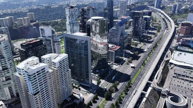 Drone flights over the building, train, and commercial areas of Santa Fe in Cuajimalpa, CDMX