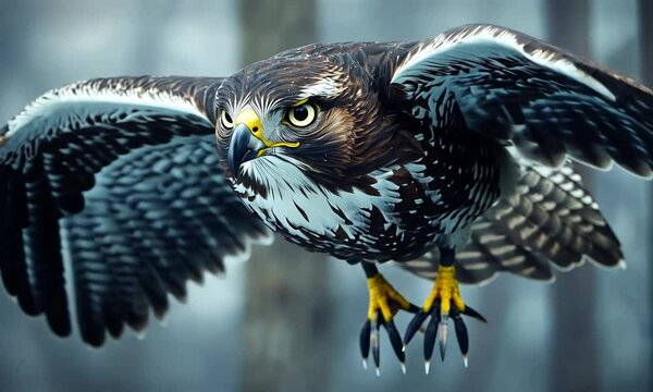 A majestic hawk in flight, showcasing its powerful wings and sharp gaze.