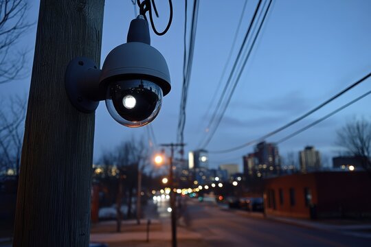 Surveillance Camera on a Utility Pole Overlooking a Quiet City Street at Dusk with Soft Urban Lighting and a Blue Evening Sky