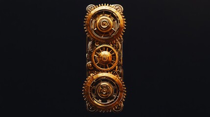 Golden gears mechanism, vertical arrangement on black background.