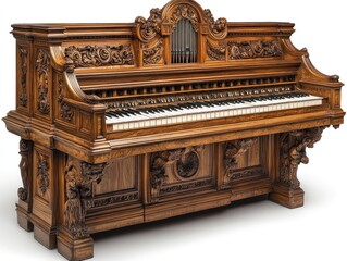 Ornate antique wooden piano with intricate carvings and a built-in organ.