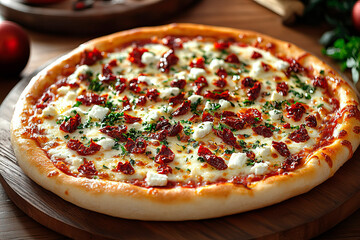 Pizza with cheese and sun dried tomatoes on wooden background, Christmas and New Year background.
