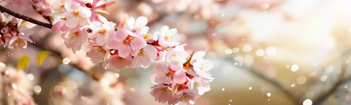 Horizontal banner with Cherry blossom. Beautiful nature spring background with a branch of blooming Quince. Copy space for text