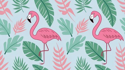 Fototapeta premium Flamingo seamless pattern on a background of tropical leaves. Popular background