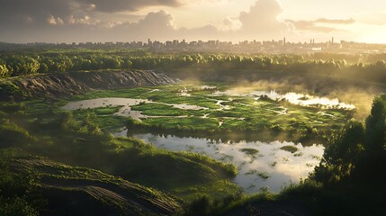Obraz premium Sunrise over a misty swamp and city skyline.