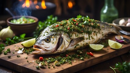 A steaming whole grilled fish on a wooden board, drenched in a vibrant chimichurri sauce, surrounded by fresh garlic, chili flakes, and sprigs of thyme, with a rustic background of a kitchen setting -