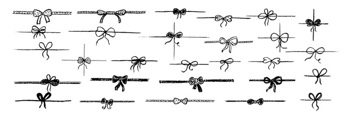 Set of doodle gift ribbon bow. Simple line elements collection drawing by black crayon. Sketch stile minimalistic ribbon bow. Children art pastel handdrawing loop of cord. Vector illustration.
