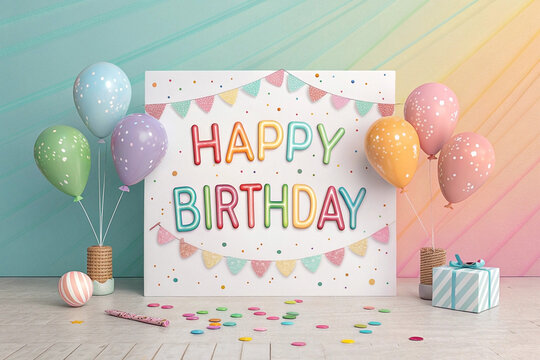 Pastel rainbow happy birthday scene with balloons, confetti, and gifts.