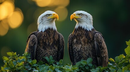 Obraz premium Two majestic eagles perched on lush greenery, gazing into the distance during sunset.