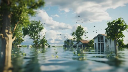 Obraz premium Flooded coastal area with submerged buildings and trees under a cloudy sky