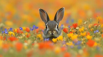 Charming Rabbit Peeking from Colorful Wildflower Patch