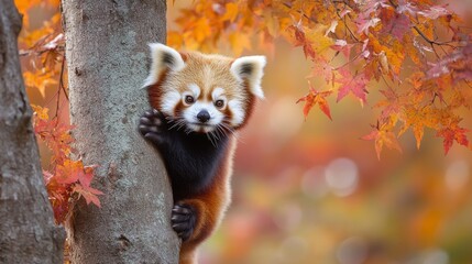 Red Panda Climbing Tree with Autumn Leaves