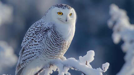 Snowy Owl Perched on Snowy Branch in Winter Landscape