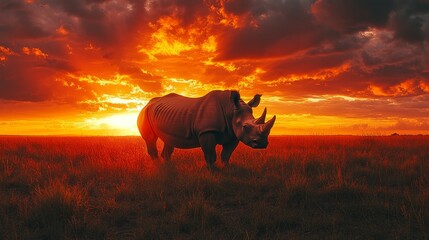 Majestic Rhinoceros on African Plain at Sunset