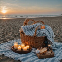 Picnic on the Beach: A romantic beach picnic setup with a blanket, basket, and candles.

