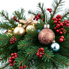 Fototapeta premium Charming Christmas arrangement with decorative ornaments and red berries among fresh pine branches