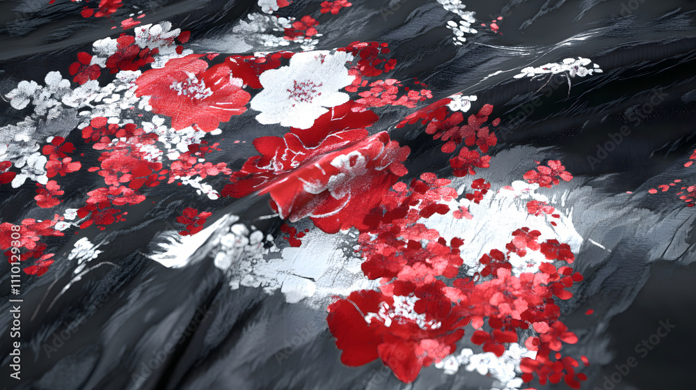Poster a vibrant floral pattern featuring red and white flowers on a dark background, creating a striking c