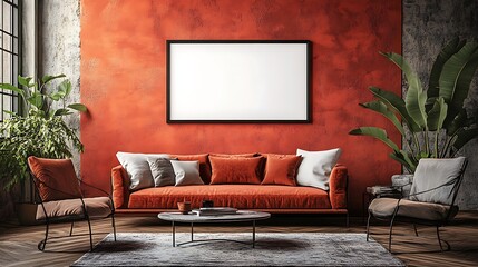 Minimalist coral wall in modern living room with frame mockup, cozy and colorful