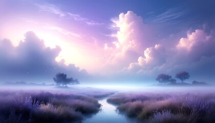 Fototapeta premium Dreamlike Lavender Fields Misty River Serene Sunrise Cloudscape Birds fly in the soft morning light.