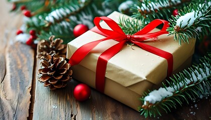 Festive holiday gift wrapped in red ribbon cozy home setting high-quality photography natural elements up-close view celebratory concept for seo impact